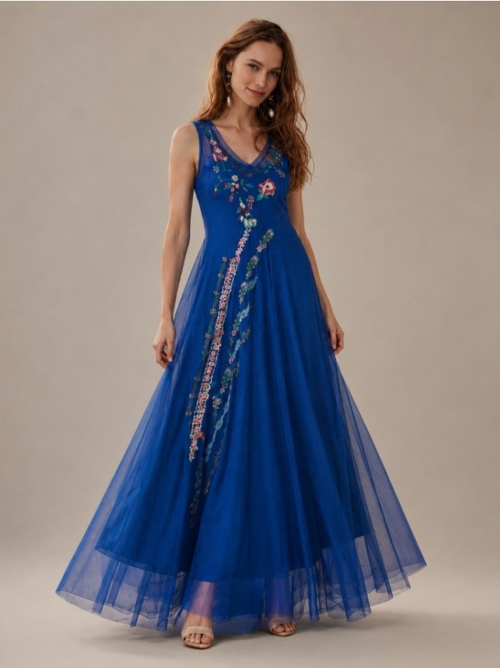 Johnny Was Royal Blue V-Neck Embroidered Tulle Maxi Dress Sz XL